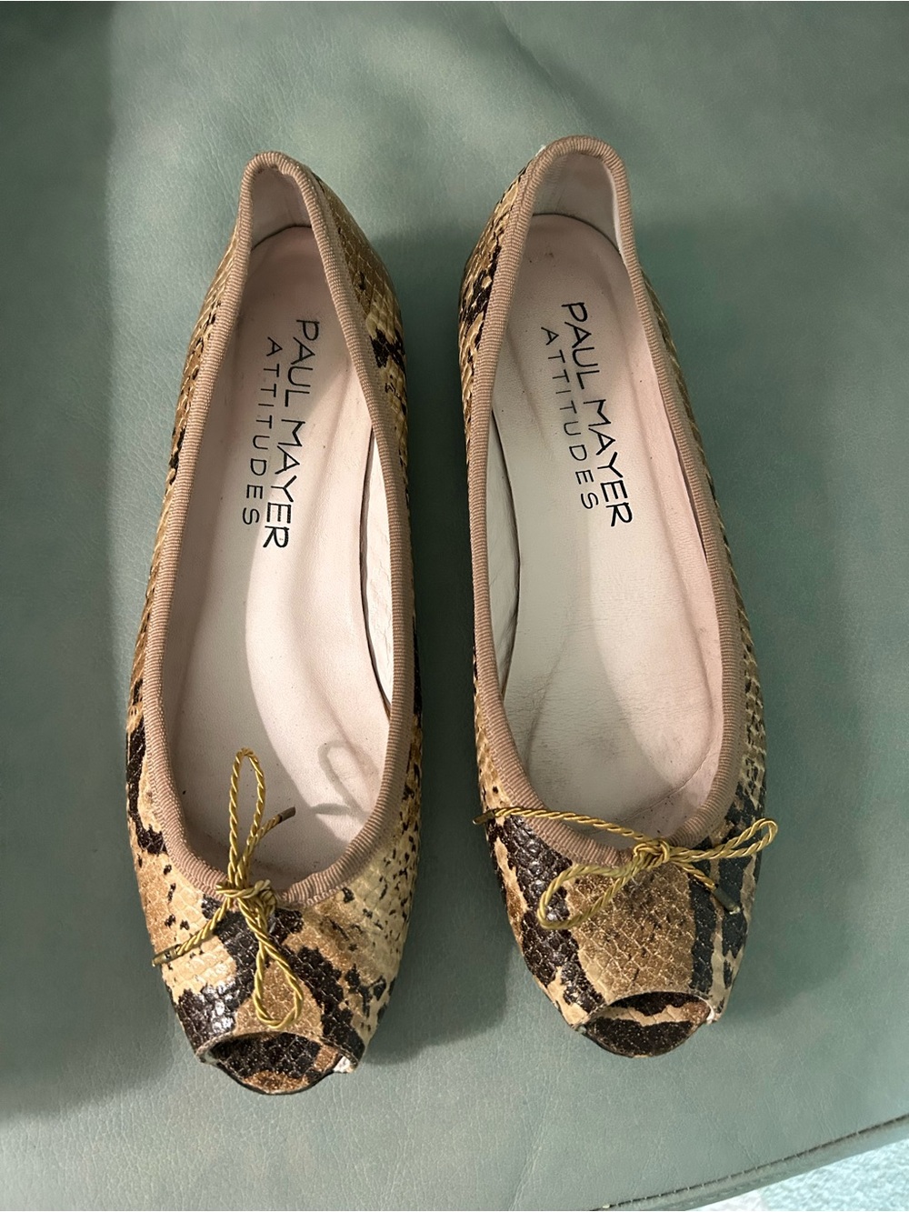 Paul Mayer peek toe Women's Snake-Print Tan Ballet Flats